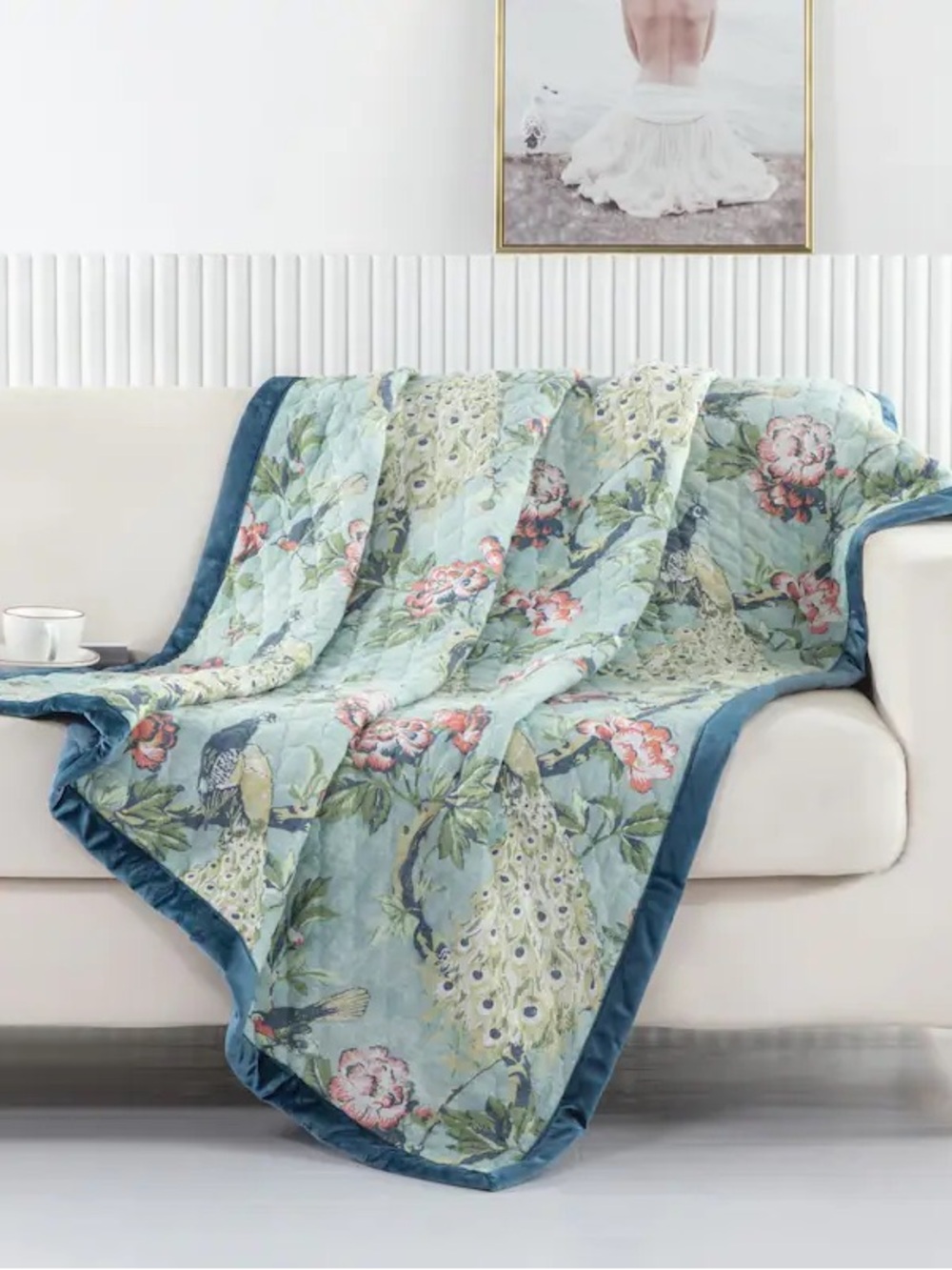 Love Home Fashions Pavona Floral Throw Blanket 50x60 Blue Green birds